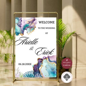 Beach Theme Wedding Welcome Sign Template | Welcome Sign Teal | Purple Blue Welcome Sign | Digital File | Sea Wedding - Sea