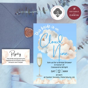 Cloud 9 Bridal Shower Invitation, INSTANT DOWNLOAD, Fluffy clouds, blue