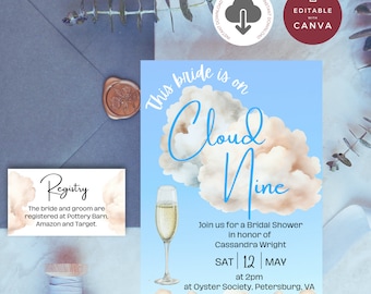 Cloud 9 bruidsuitnodiging, INSTANT DOWNLOAD, pluizige wolken, blauw