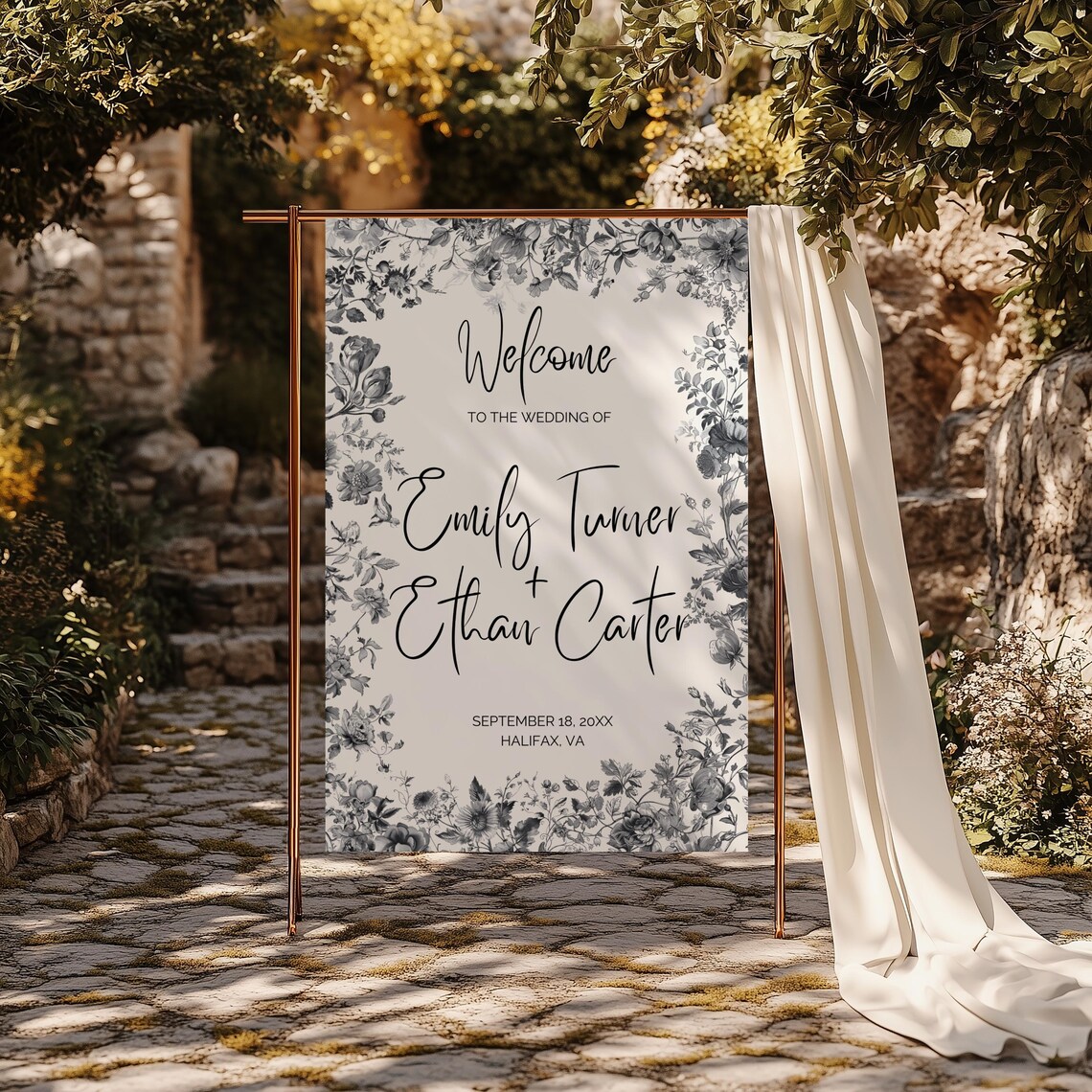 Editable Wedding Welcome Sign Template, Black and White Floral ...
