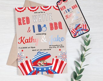 Dia da Independência | 4o do modelo de convite de julho | Chá de casamento azul branco vermelho do Co-Ed de <br> Entrega Rápida? Download instantâneo | Modelo editável - RWID