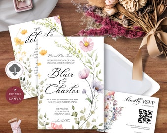 May include: A wedding invitation with a floral design featuring pink, purple, and yellow flowers. The invitation is for Blair and Charles and includes the date, time, and location of the wedding. The RSVP card includes a QR code.