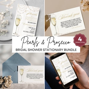 Pearls and Prosecco Stationary Bridal Shower Bundle | INSTANT DOWNLOAD | Gold and Champagne | Invitation | Thank You - Pearl