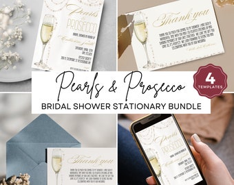 Pearls and Prosecco Stationary Bridal Shower Bundle | INSTANT DOWNLOAD | Gold and Champagne | Invitation | Thank You - Pearl