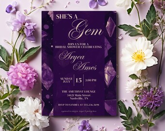 She's a Gem Bridal Shower Invitation | Amethyst | Geode Crystal Invite | Purple Bridal Shower | Digital Download | Instant Access - Gem