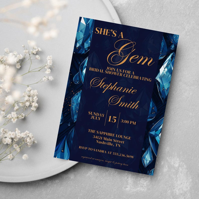 She's a Gem Bridal Shower Invitation Sapphire Geode Crystal Invite