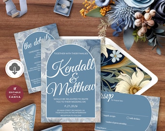 Dusty Blue Wedding Invitation | INSTANT DOWNLOAD | French Blue Invite Set | Light Blue Qr Code Rsvp |  Editable Template Bundle - Kendall