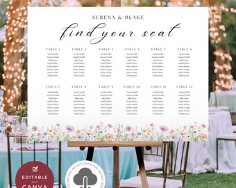 May include: A wedding seating chart with a floral design. The chart is printed on white paper and has a light blue background. The text on the chart reads "Serena & Blake find your seat". The chart is divided into 12 tables, each with a table number and a list of names.
