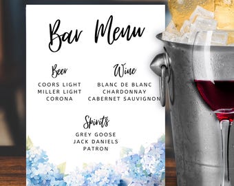 Editable Blue Hydrangea Signature Drink Sign | Editable Digital Instant Download | Hydrangea Wedding Menu Template | Canva Editable - Hailee
