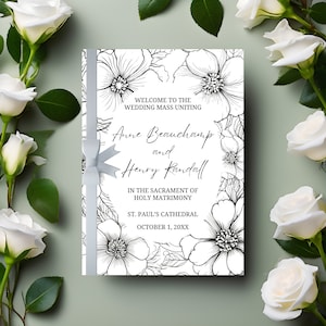 Puede incluir: Un programa de ceremonia de boda con ilustraciones florales en blanco y negro. El texto dice "Bienvenido a la misa de boda que une a Anne Beauchamp y Henry Kandall en el sacramento del matrimonio, Catedral de San Pablo, 1 de octubre de 20XX".