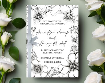 Puede incluir: Un programa de ceremonia de boda con ilustraciones florales en blanco y negro. El texto dice "Bienvenido a la misa de boda que une a Anne Beauchamp y Henry Kandall en el sacramento del matrimonio, Catedral de San Pablo, 1 de octubre de 20XX".