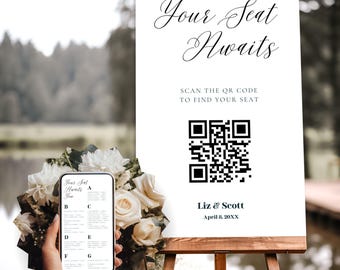 Moderne digitale stoelindeling met QR-code - plattegrond bruiloftsgasten - bewerkbare canva-sjabloon - direct downloaden