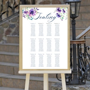 Wedding Seating Chart Template | Purple Navy wedding seating plan | Printable Seating Plan Sign | Purple floral wedding seating chart - Rose