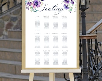 Plantilla de tabla de asientos de boda / Plan de asientos de boda de la Marina púrpura / Signo de plan de asientos imprimible / Tabla de asientos de boda floral púrpura - Rosa
