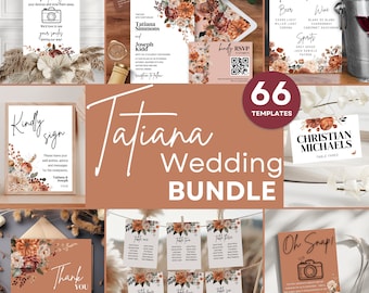 May include: A wedding invitation suite with a floral theme. The invitation features a peach background with a floral design in shades of orange, brown, and pink. The text "Tatiana & Simmons" is printed in a black font. The invitation also includes a QR code for RSVP. The suite includes a bar menu, table numbers, and a sign that says "Kindly Sign".
