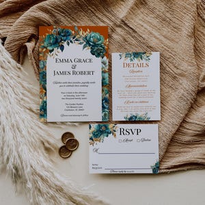 Dark Teal and Burnt Orange Wedding Invite - Digital Download - Elegant Floral Design - Customizable RSVP - Grace