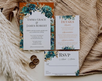 Peut inclure: Suite d'invitation de mariage avec des motifs floraux bleu sarcelle et or. La carte d'invitation présente les noms "Emma Grace & James Robert" et des détails sur la cérémonie et la réception du mariage. La carte RSVP comprend une section pour les demandes de chansons.