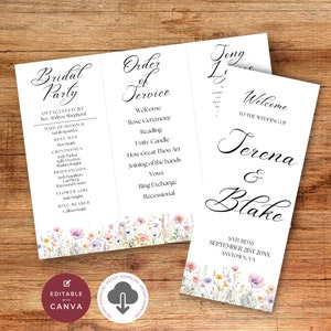 Könnte beinhalten: Hochzeitsordnung mit floralem Design. Das Programm beinhaltet die Reihenfolge des Gottesdienstes, die Hochzeitsgesellschaft und die Hochzeitsdetails. Der Text lautet "Ordnung des Gottesdienstes", "Willkommen", "Rosenzeremonie", "Lesung", "Einheitskerze", "Wie groß bist du", "Vereinigung der Hände", "Gelübde", "Ringtausch", "Auszug", "Hochzeitsgesellschaft", "Geleitet von", "Ehrengäste", "Trauzeuge", "Brautjungfern", "Blumenmädchen", "Ringträger", "Willkommen zur Hochzeit von", "Terena & Blake", "Samstag, 21. September 20XX", "Anytown, VA".