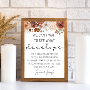 Can&#39;t Wait To See What Develops | Personalized Disposable Camera Wedding Sign | Disposable Camera Sign Template | Terracotta - Tatiana