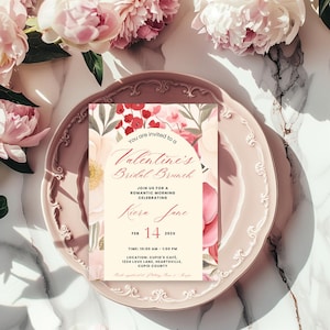Valentine&#39;s Day Bridal Shower Invitation - Editable Template - Pink and Red Hearts - Love is in the Air - Valentine
