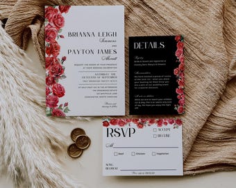 Puede incluir: Conjunto de invitaciones de boda con un diseño floral con rosas rojas. La tarjeta de invitación tiene un fondo blanco con texto negro y la tarjeta RSVP tiene un fondo blanco con texto negro y azul. El texto de la tarjeta de invitación dice "Brianna Leigh Simmons y Payton James Merritt" y "Sábado 15 de septiembre de 2022". El texto de la tarjeta RSVP dice "RSVP" y "Aceptar Rechazar".