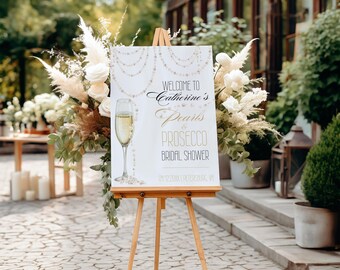Perły i Prosecco Plakat powitalny na wieczór panieński | Naszyjnik z pereł Znak powitalny | Szablon znaku powitalnego na wieczór panieński | Znak do wydrukowania - Perła