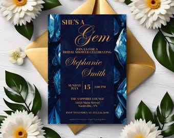 She's a Gem Bridal Shower Invitation | Sapphire | Geode Crystal Invite | Birthstone Bridal Shower | Digital Download | Instant Access - Gem