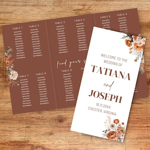 Terracotta Trifold Wedding Program Template | Trifold Seating Chart Template | Burnt Orange Wedding Timeline | Order Of Events - Tatiana