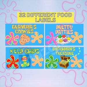 Sponge 32 Food Tent Labels Dessert Birthday Party Decor Template Under the Sea Instant Download Printable File