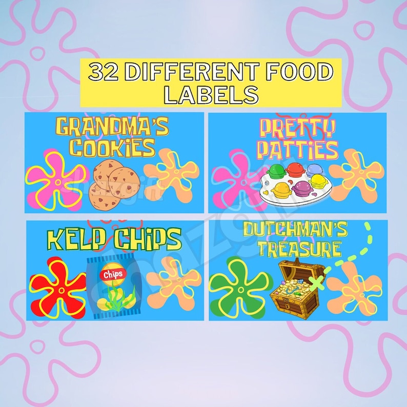 May include: Four blue and yellow food labels with a cartoon starfish design. The labels read 'Grandma's Cookies', 'Pretty Patties', 'Kelp Chips', and 'Dutchman's Treasure'.