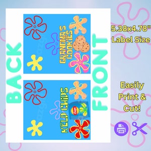 May include: Printable food labels for a SpongeBob SquarePants themed party. The labels are blue with yellow, red, and pink flowers. The front label says 'Kelp Chips' with a bag of chips and the back label says 'Grandma's Cookies' with a plate of cookies. The text '5.38x4.78' Label Size' is in the top right corner of the image. The text 'Easily Print & Cut!' is in the bottom right corner of the image. A printer and scissors icon are below the text.