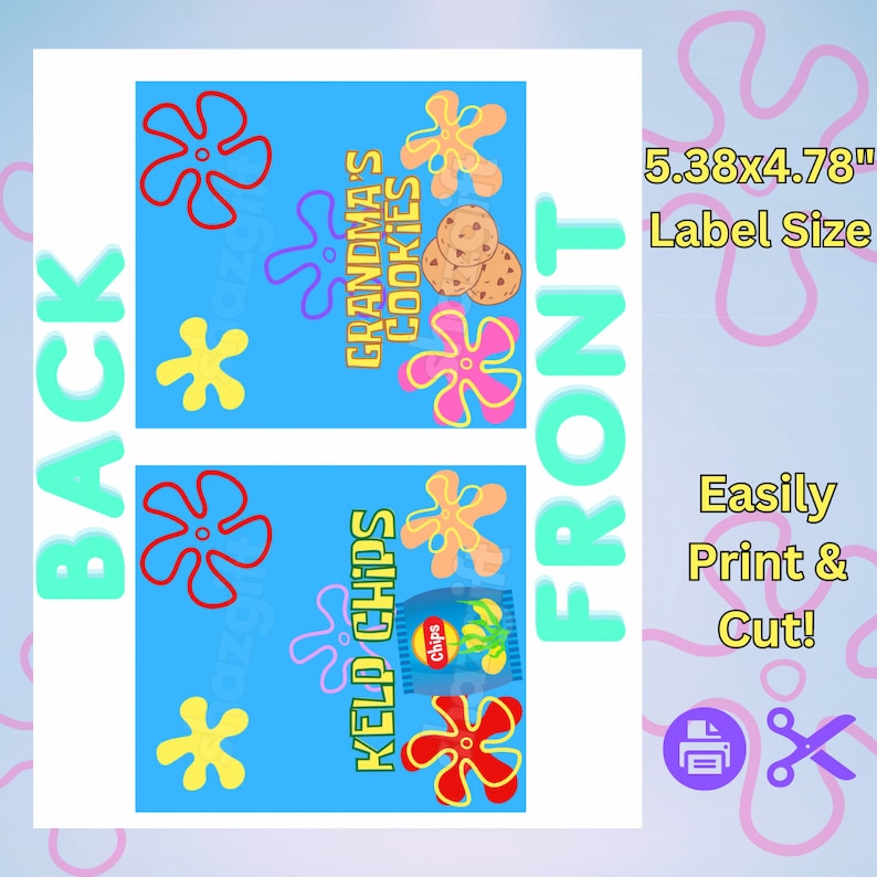 May include: Printable food labels for a SpongeBob SquarePants themed party. The labels are blue with yellow, red, and pink flowers. The front label says 'Kelp Chips' with a bag of chips and the back label says 'Grandma's Cookies' with a plate of cookies. The text '5.38x4.78' Label Size' is in the top right corner of the image. The text 'Easily Print & Cut!' is in the bottom right corner of the image. A printer and scissors icon are below the text.