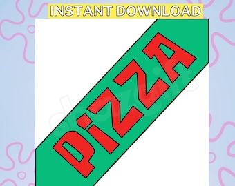 May include: A green and red graphic with the word "PIZZA" in red letters on a green background. The graphic is in the shape of a diagonal stripe.