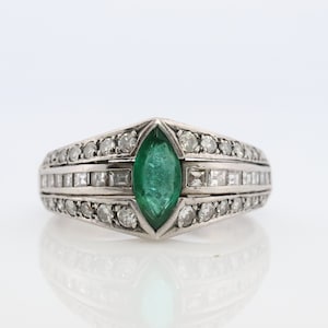 Emerald Ring. Genuine Emerald and Diamond Platinum Ring. PT900 Plat Marquise Emerald Diamond Solitaire Band.