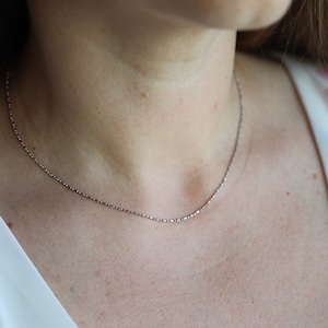 May include: A silver chain necklace worn on a person's neck. The chain is thin and delicate.