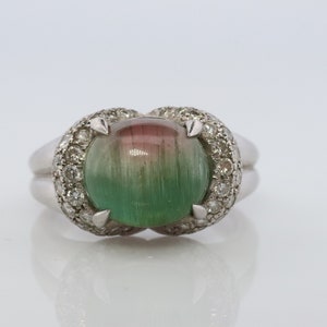 Watermelon Tourmaline ring. Platinum 900 Cat's Eye Tourmaline Cabochon with Diamond Halo ring.