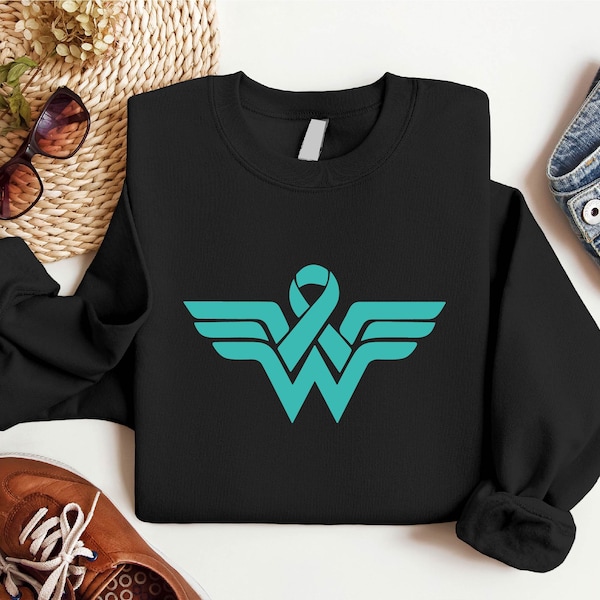 Ovarian Cancer Ribbon Wonder T-Shirt, Ovarian Awareness Shirt, Wonder Superwomen Tee, Teal Ribbon Sweatshirt, Support Ovarian Cancer Hoodie