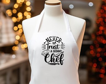 Ne faites jamais confiance à un tablier de chef maigre, tabliers maigres de chefs secrets, tabliers d'humour dans la cuisine, tabliers de chef drôles, cadeau de joyeux anniversaire pour chef.