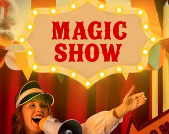 May include: A woman in a white shirt and green visor speaks into a megaphone, advertising a "MAGIC SHOW." A large illuminated arrow points to "TOMBOLA." Plush toys and decorative lights adorn the scene, creating a festive atmosphere.
