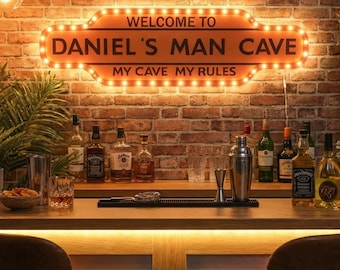 Custom Man Cave LED Sign, Personalized Bar Decor, Vintage Style