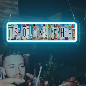 It&#39;s 5 o&#39; clock somewhere Neon Sign,Lounge Pub Beach Cocktail Bar Decoration,Colorful License Plate Bar Wall Decor,Home Pub Man Cave Gift