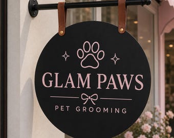 Custom Dog Grooming Hanging Sign, Round Aluminum UV Shop Sign, Personalized Pet Salon Door Decor