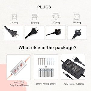 May include: A set of plugs for different countries, including US, EU, UK, and AU. The package also includes a brightness dimmer, screw fixing screws, and a 12V power adapter.