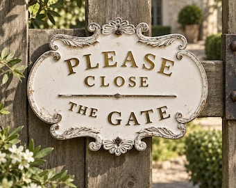 Vintage Please Close The Gate Sign, White Gold Farmhouse Plaque, Rustic Garden Gate Decor