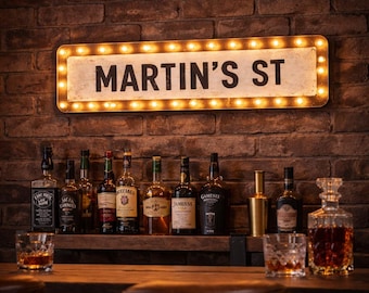 Custom Street Name Marquee Light Sign, Vintage Bulb Wall Light, Man Cave Decor