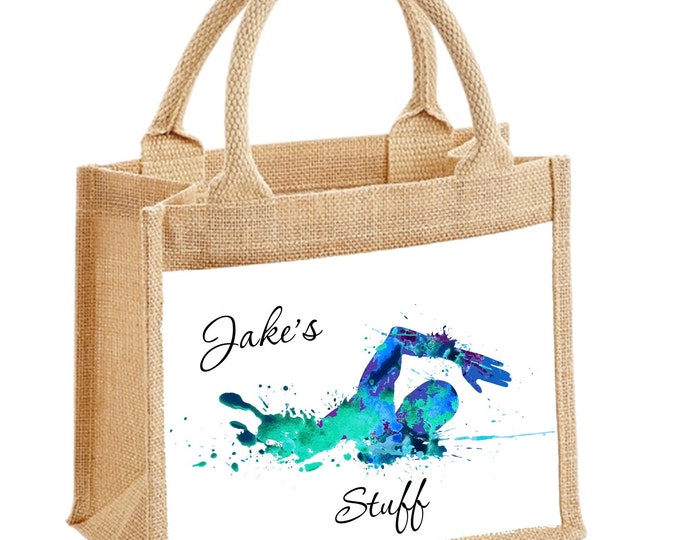 Personalized jute bag for swimming | swimming gift bag |  personalised swimming bag | reusable bags