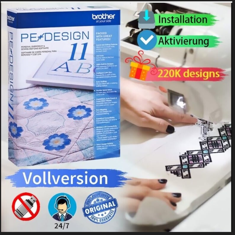 PE DESIGN 11 Software de bordado y costura Más de 300.000 diseños de bordado / PAQUETE Pe-Design, complementos completos que funcionan con todos los sistemas Windows 10/11 imagen 1