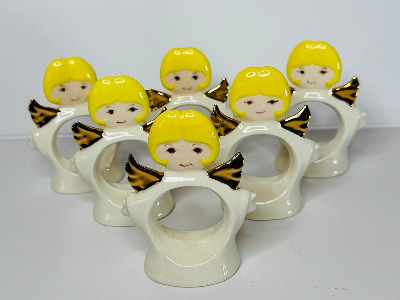 1970s Standing Ceramic Angel Napkin Rings Set of 6 image 2