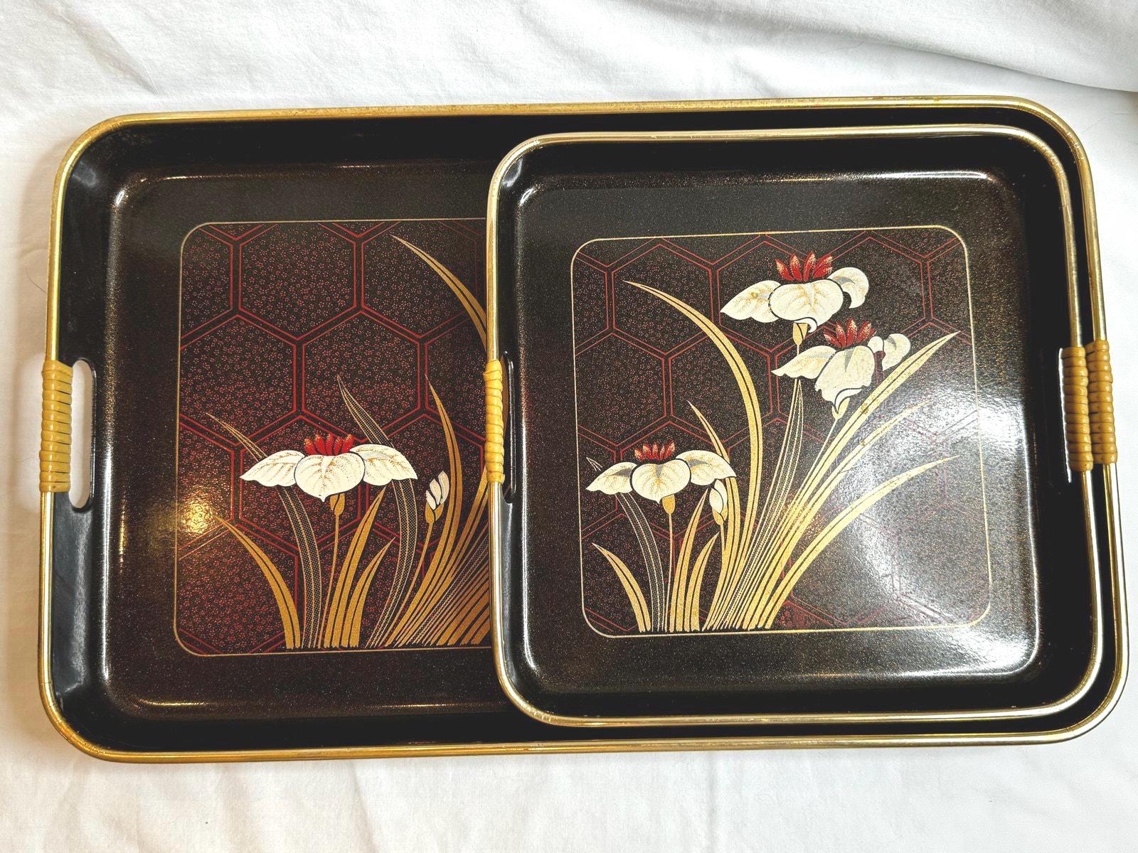 Set of 2 Vintage Japanese Tee Tray w/Bamboo Handles