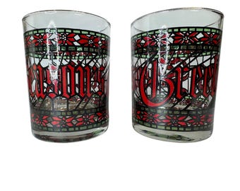 Signed Houze Seasons Greetings Window Pane Rocks Glass Set of 2